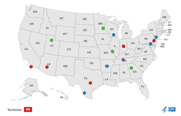 a map of the United States and each ADDM site in the country