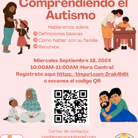 Imagen del volante del evento en un tono rosado, muestra iconos de cuidadores o padres de familia interactuando con sus hijos y hijas. También muestra una maestra con su alumno. El volante tiene letras en rosado mas fuerte que describen el titulo y la hora del evento tal como esta en la descripción de este evento.