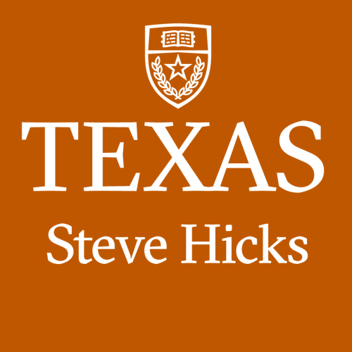 burnt orange background with university of Texas seal and white letters spelling out Texas Steve Hicks