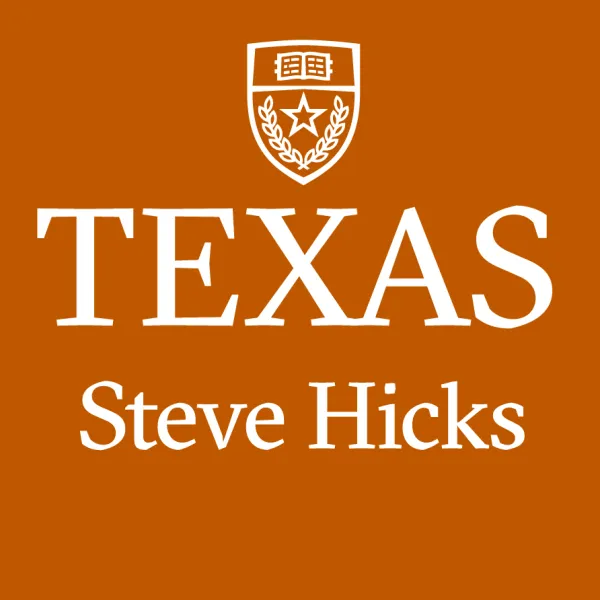 burnt orange background with university of Texas seal and white letters spelling out Texas Steve Hicks